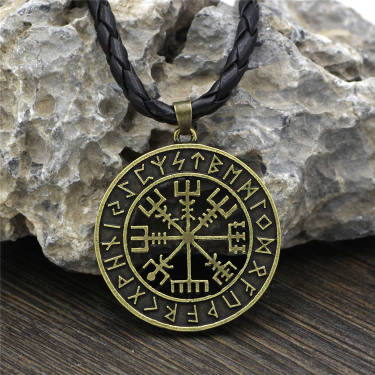 Viking Vegvisir / Nordic Compass Pendant With Cord Necklace
