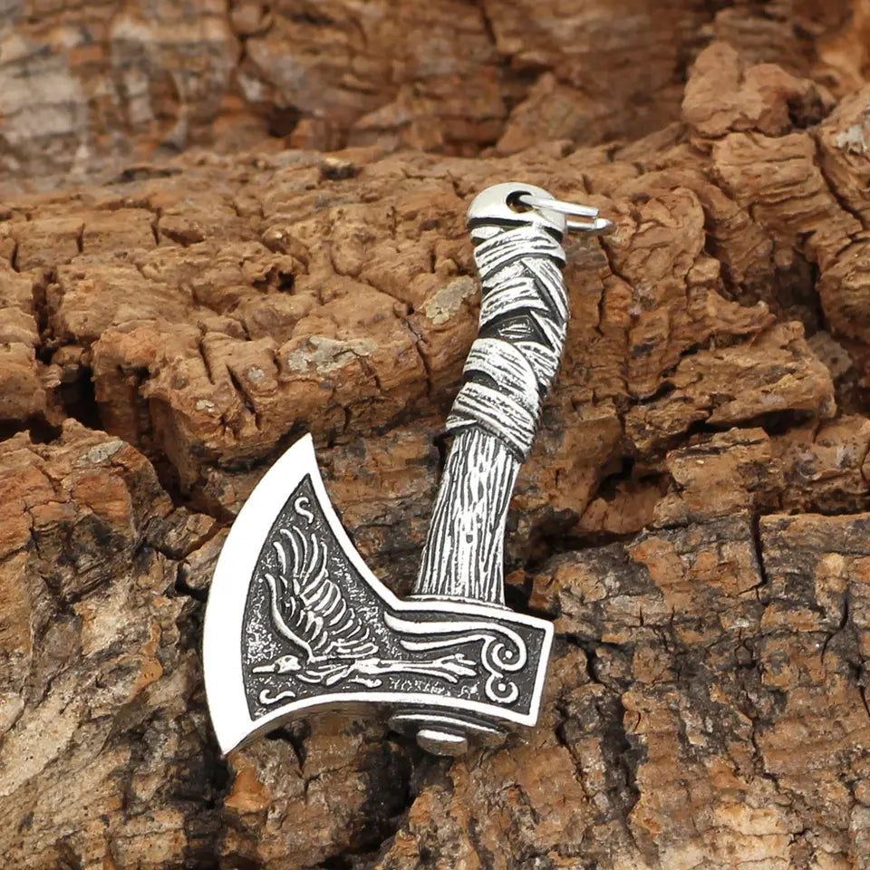 Viking / Nordic / Celtic Wolf / Crane Double Sided Axe Pendant with chain Necklace