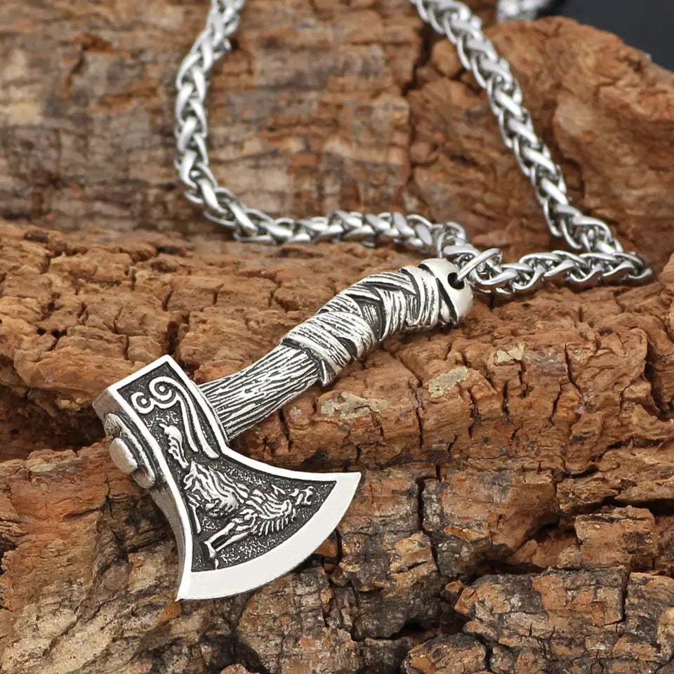 Viking / Nordic / Celtic Wolf / Crane Double Sided Axe Pendant with chain Necklace