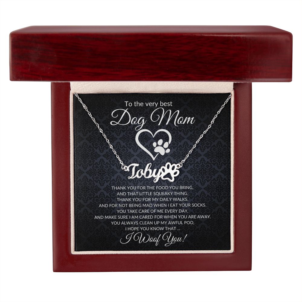 To the Very Best Dog Mom (Black Card) - Paw Print Name Necklace