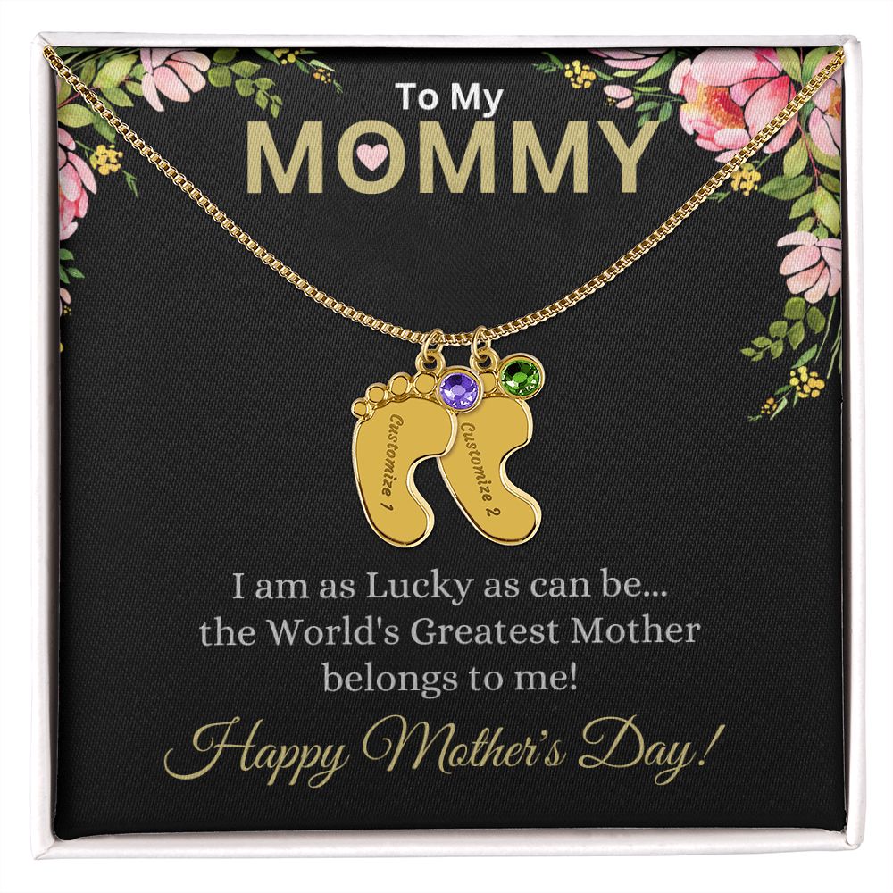 To My Mommy (Lucky Black Card) - Customized Baby Feet Necklace