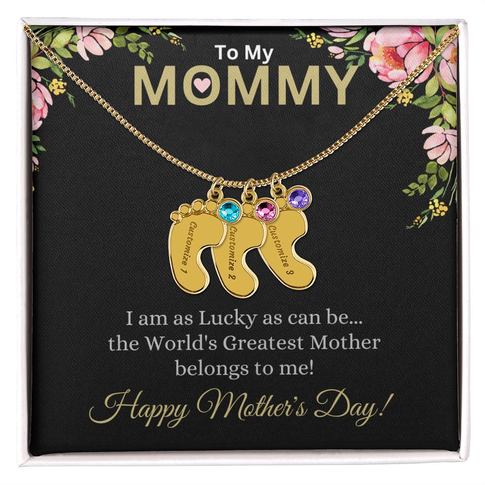 To My Mommy (Lucky Black Card) - Customized Baby Feet Necklace