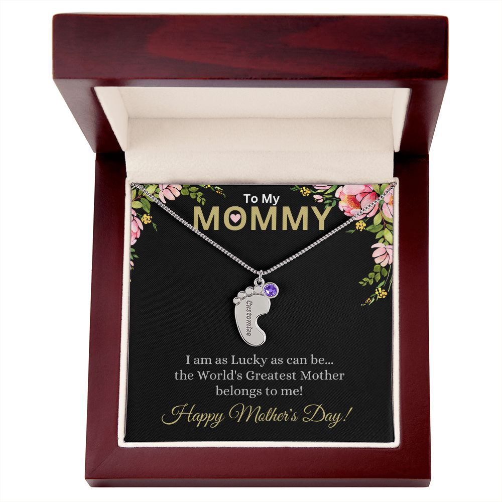 To My Mommy (Lucky Black Card) - Customized Baby Feet Necklace