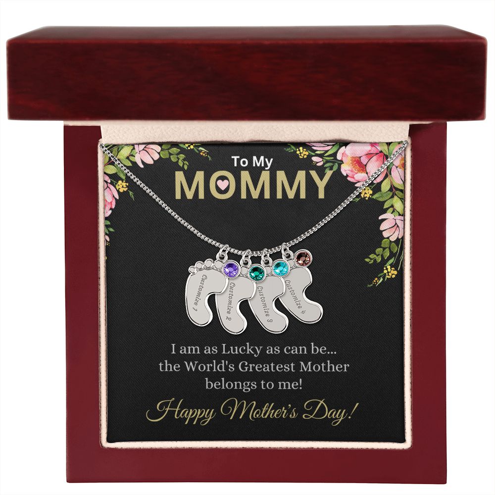 To My Mommy (Lucky Black Card) - Customized Baby Feet Necklace