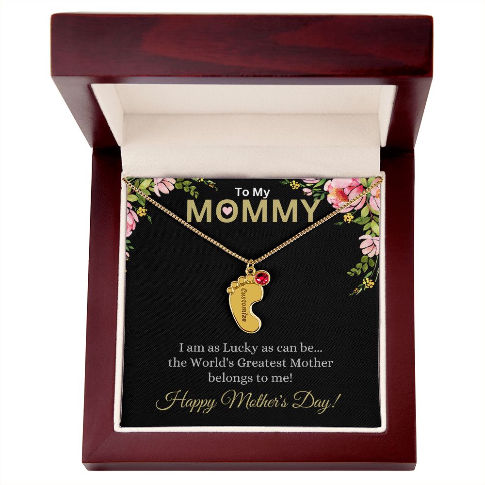 To My Mommy (Lucky Black Card) - Customized Baby Feet Necklace