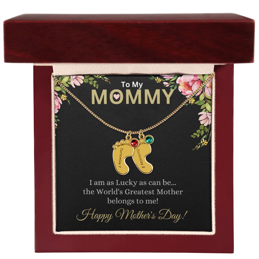 To My Mommy (Lucky Black Card) - Customized Baby Feet Necklace