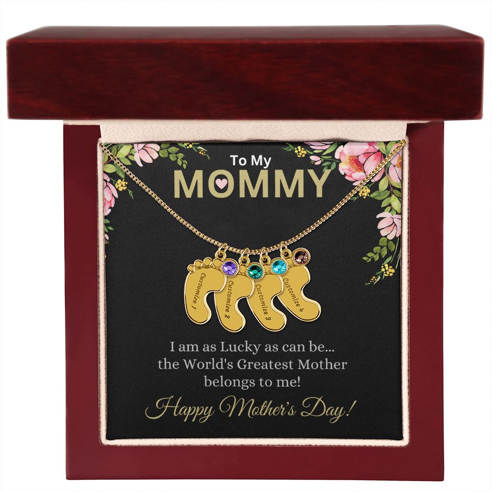 To My Mommy (Lucky Black Card) - Customized Baby Feet Necklace
