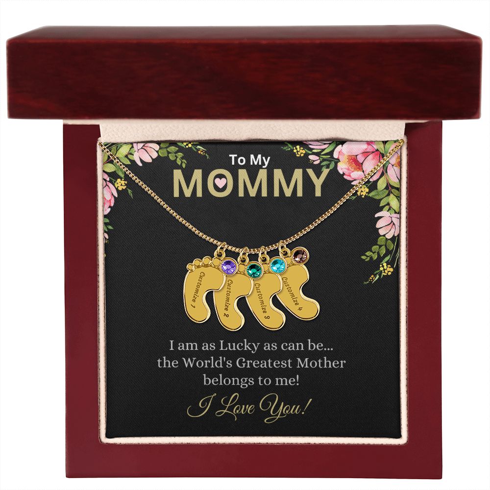 To My Mommy - I love you (Black Card) - Baby Feet Necklace