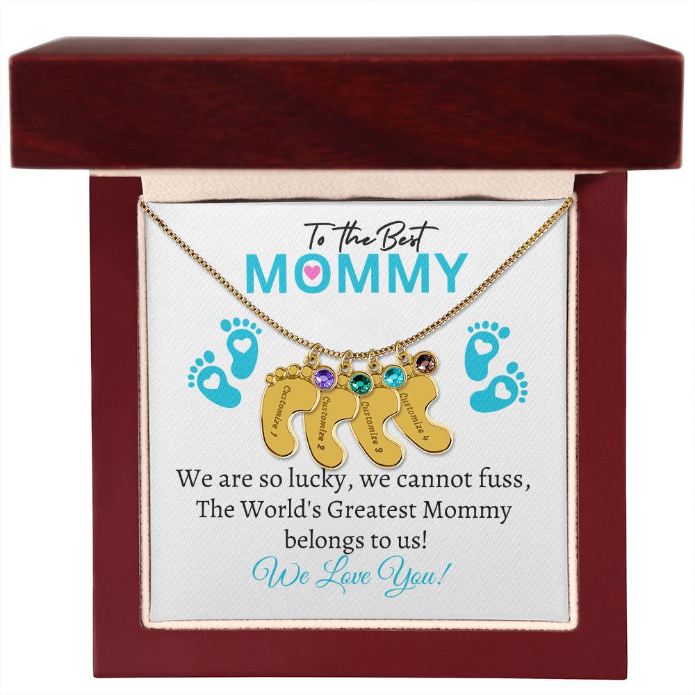 To Our Mommy - We love you (New Mommy / Boy Twins / Triplets/ Quads Card) - Baby Feet Necklace
