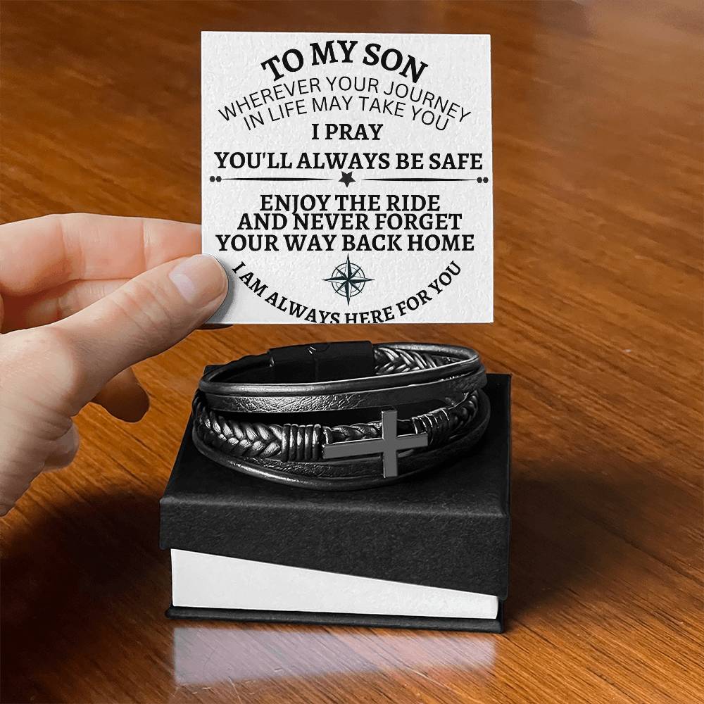 To My Son ( Never Forget your way back home) - Men's Cross Leather Bracelet