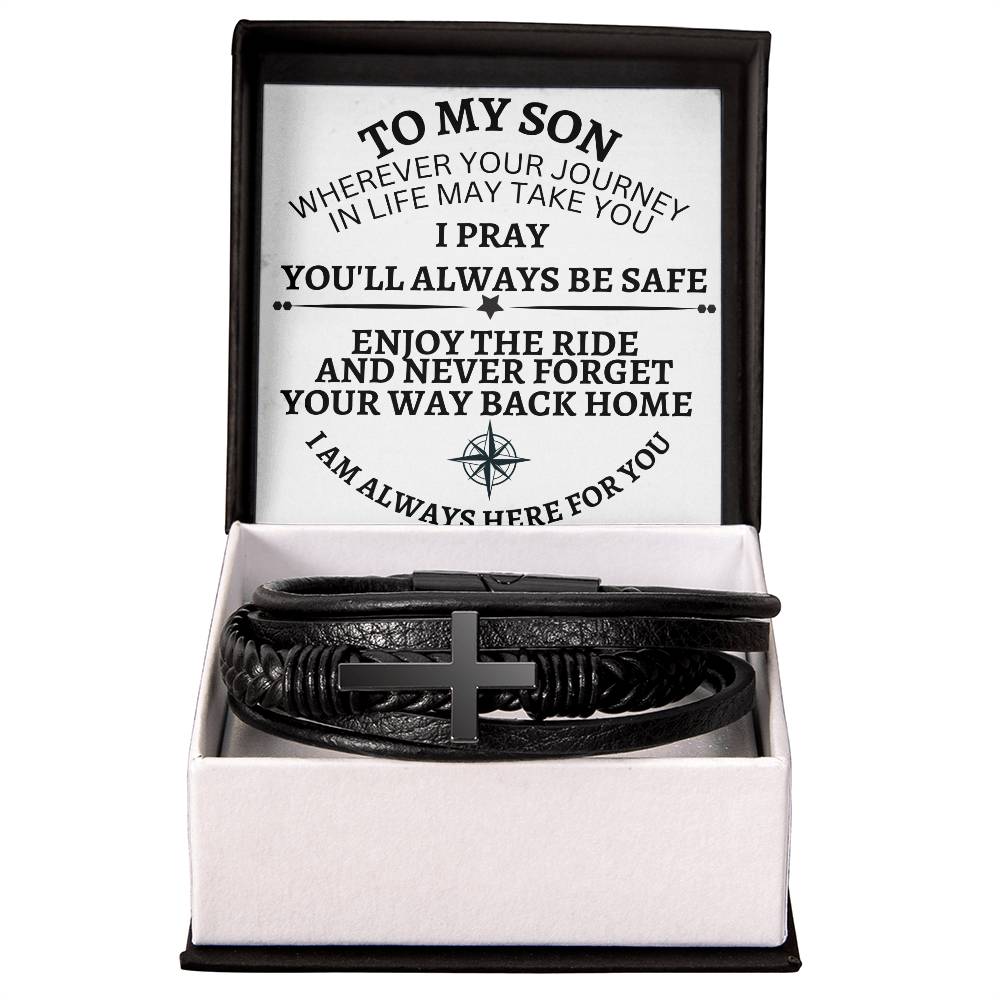 To My Son ( Never Forget your way back home) - Men's Cross Leather Bracelet