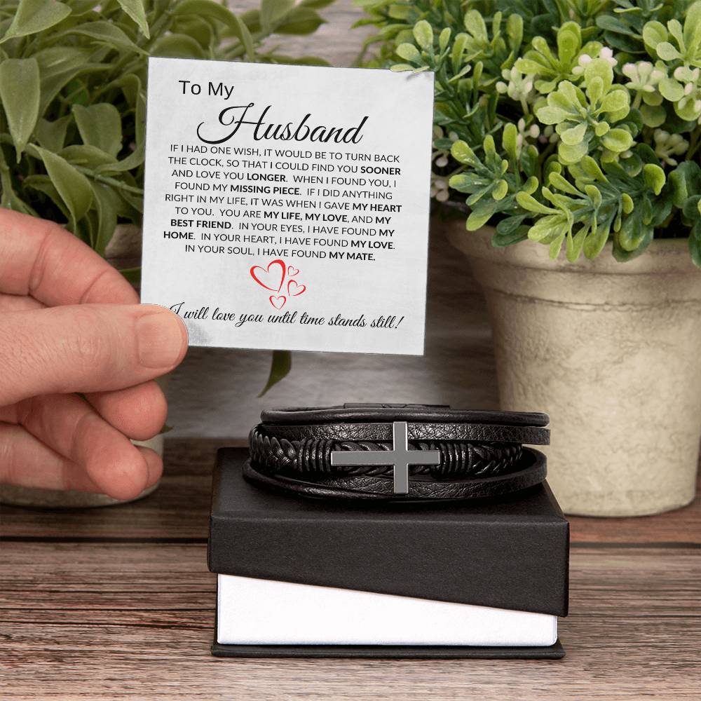 To My Husband (HEarts) - Men's Cross Leather Bracelet