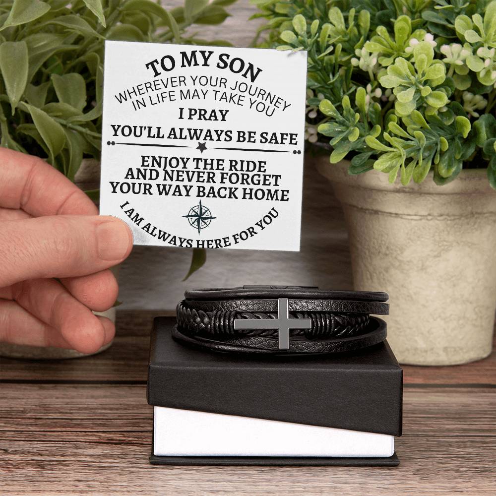 To My Son ( Never Forget your way back home) - Men's Cross Leather Bracelet