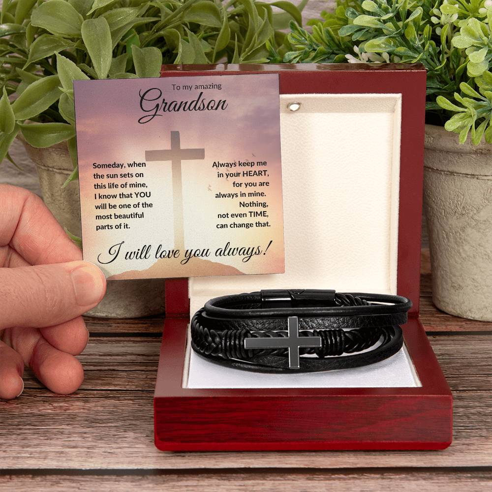 To My Grandson (Cross) - Men's Cross Leather Bracelet
