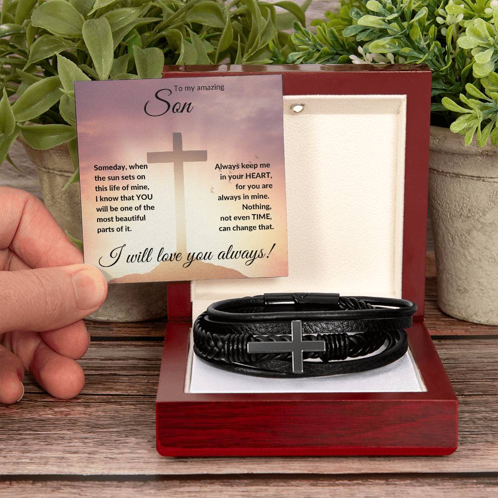 To My Amazing Son (Cross at Sunrise) - Men's Cross Leather Bracelet