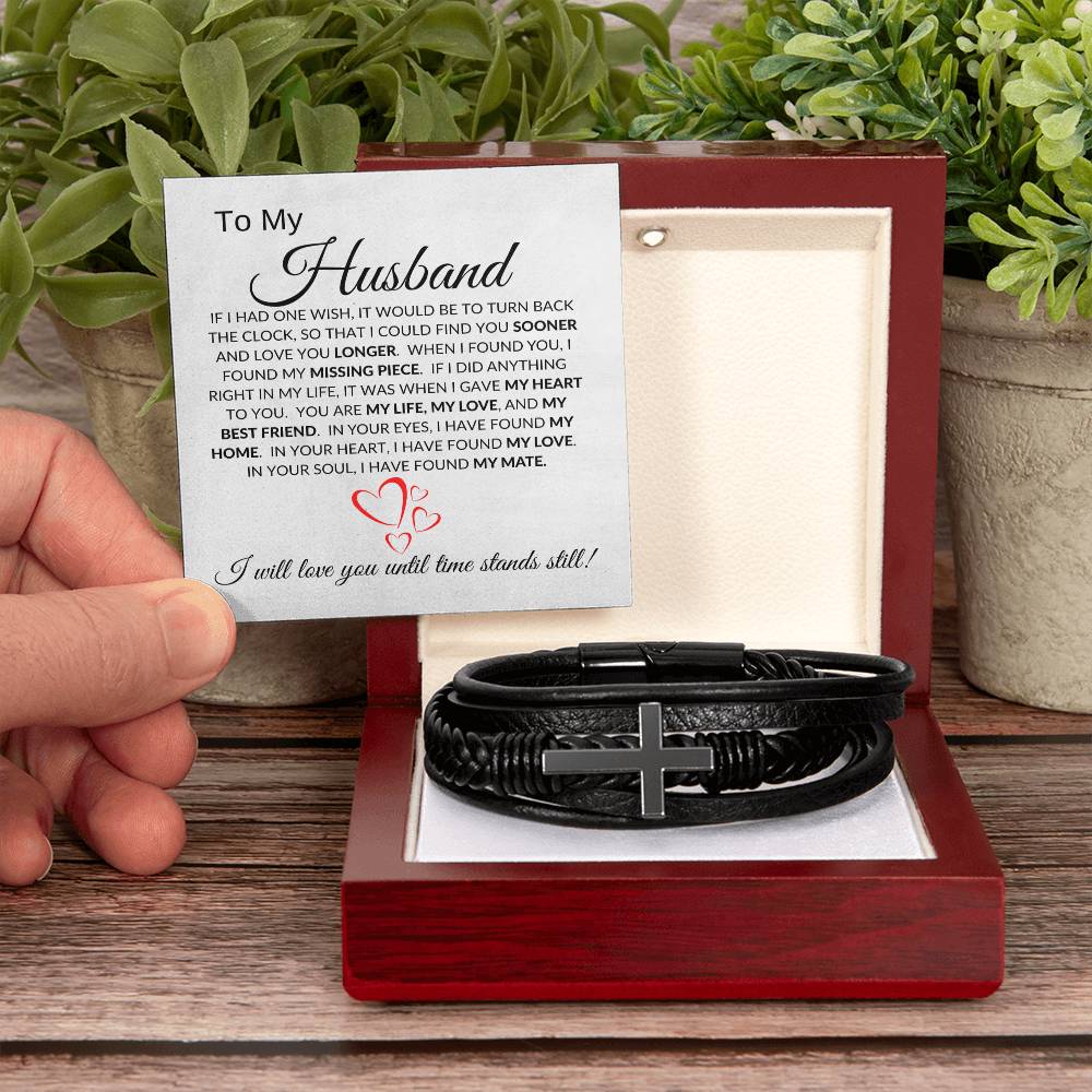 To My Husband (HEarts) - Men's Cross Leather Bracelet