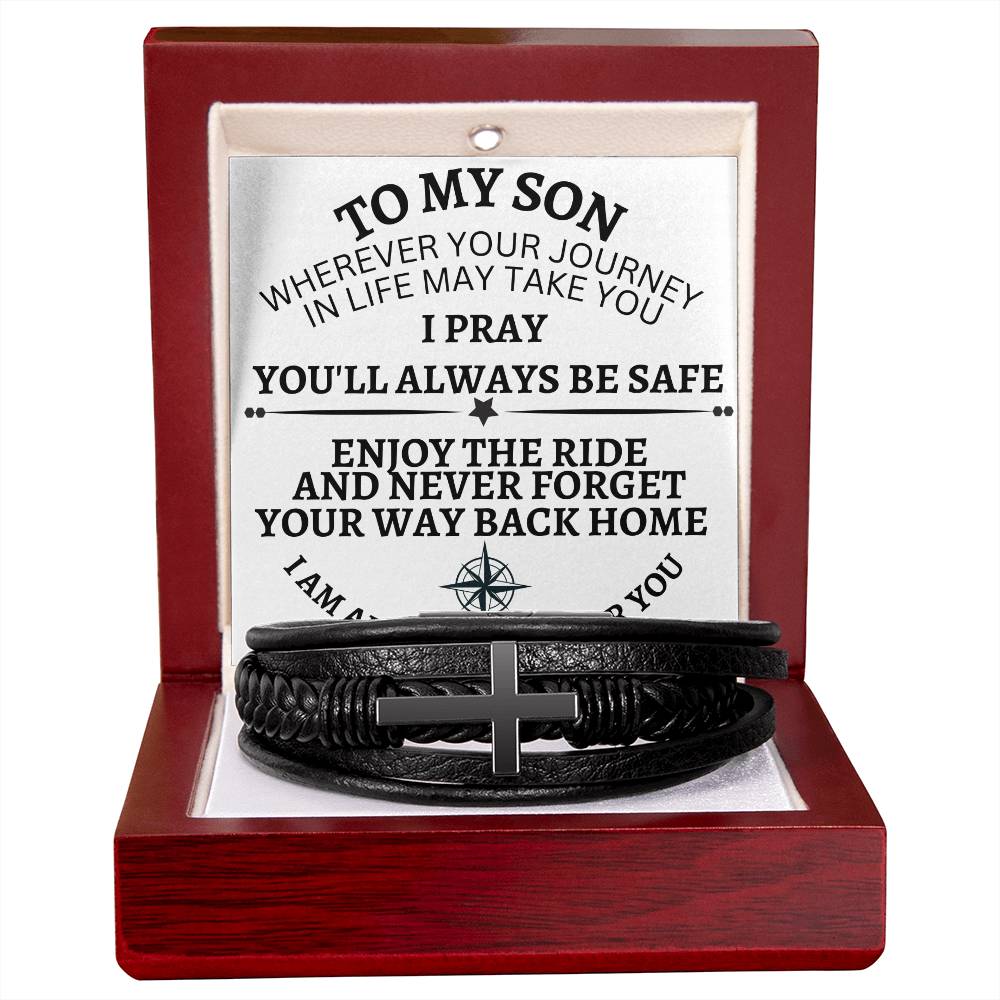 To My Son ( Never Forget your way back home) - Men's Cross Leather Bracelet