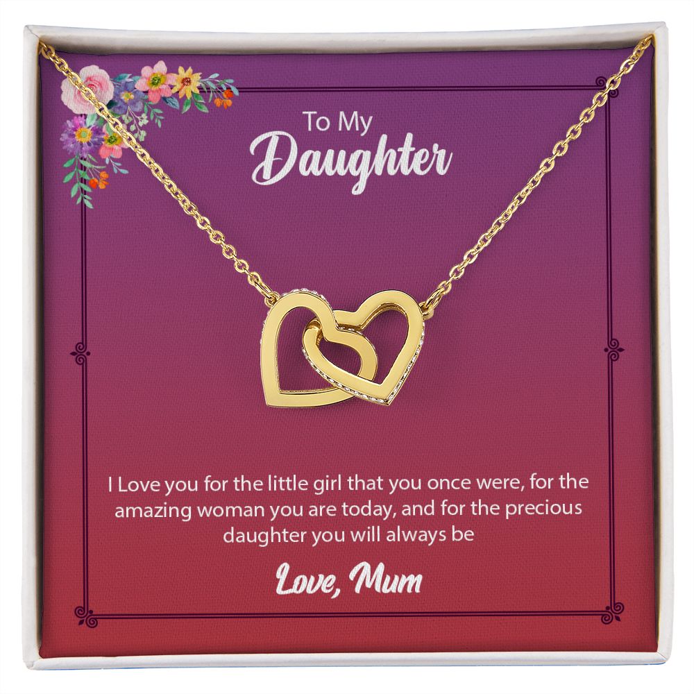 Daughter from Mom (Pink Floral Card) - Interlocking Heart Necklace