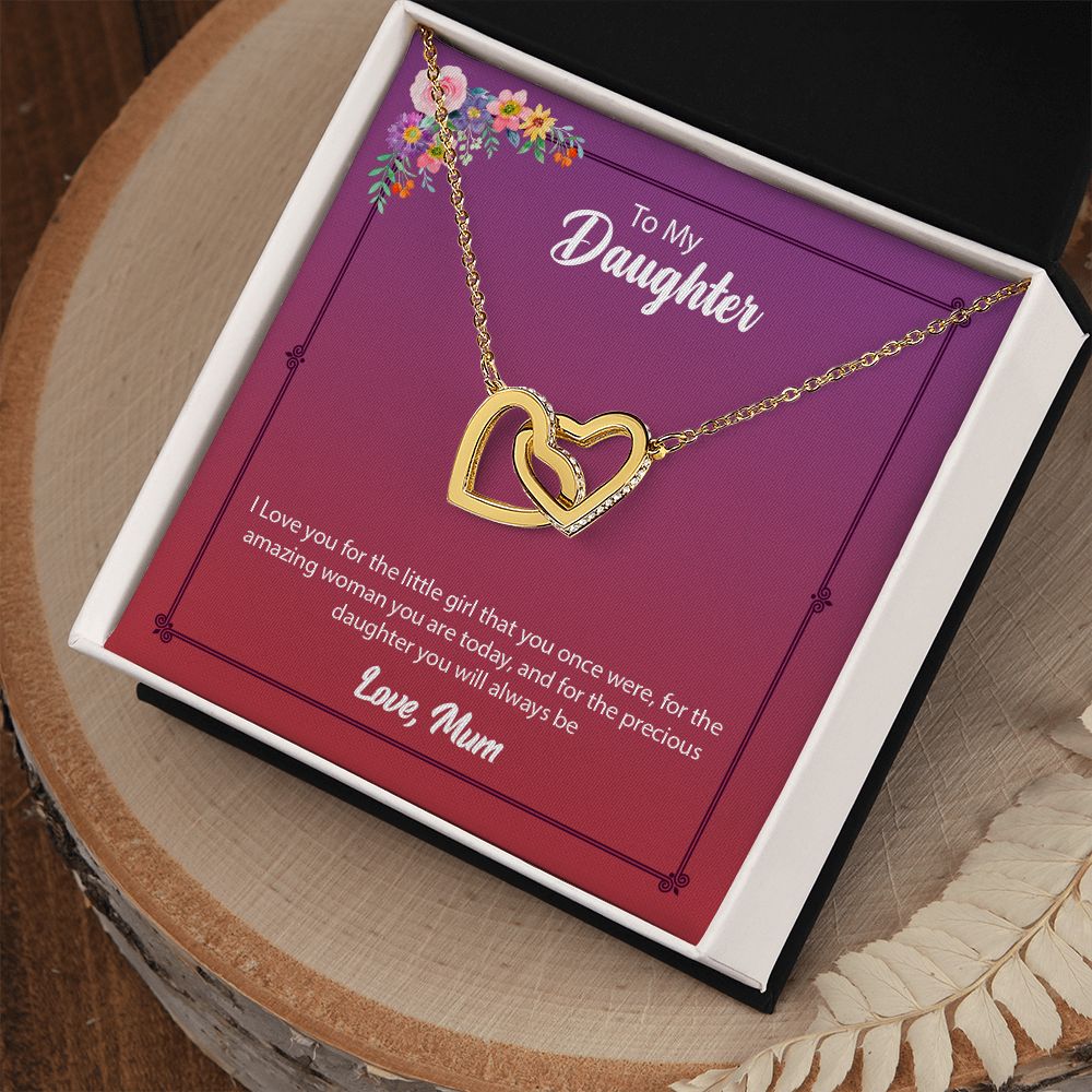 Daughter from Mom (Pink Floral Card) - Interlocking Heart Necklace