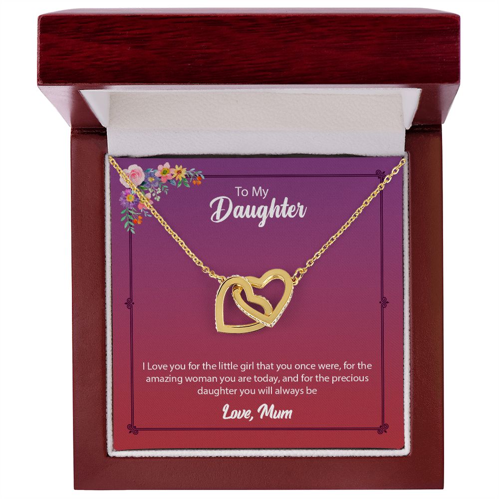 Daughter from Mom (Pink Floral Card) - Interlocking Heart Necklace