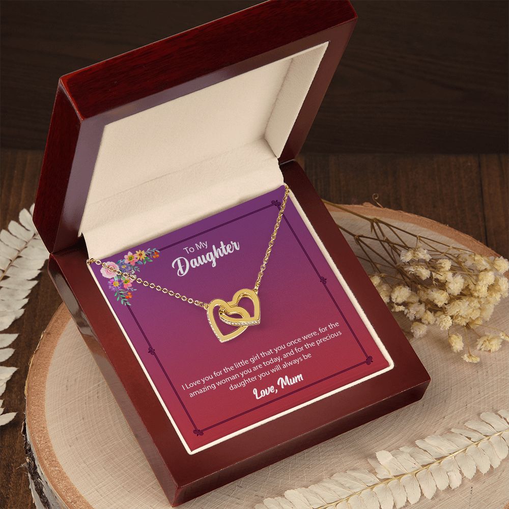 Daughter from Mom (Pink Floral Card) - Interlocking Heart Necklace