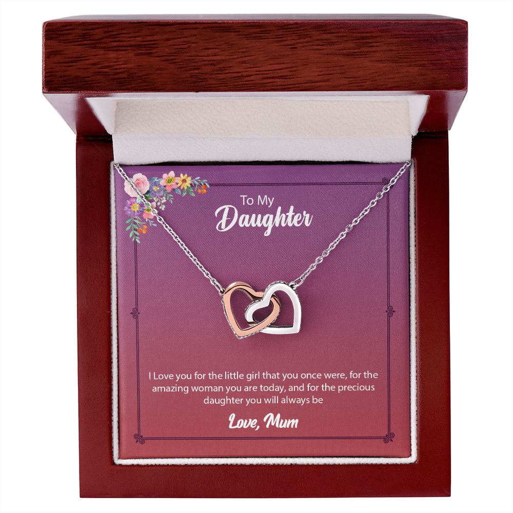 Daughter from Mom (Pink Floral Card) - Interlocking Heart Necklace