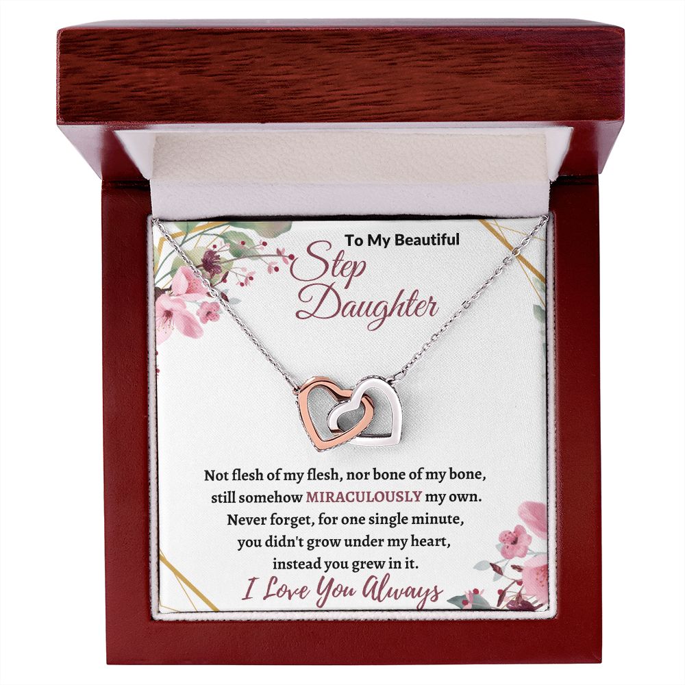 To My Beautiful Step Daughter / nonbiological (Burgundy Card) - Interlocking Hearts Necklace