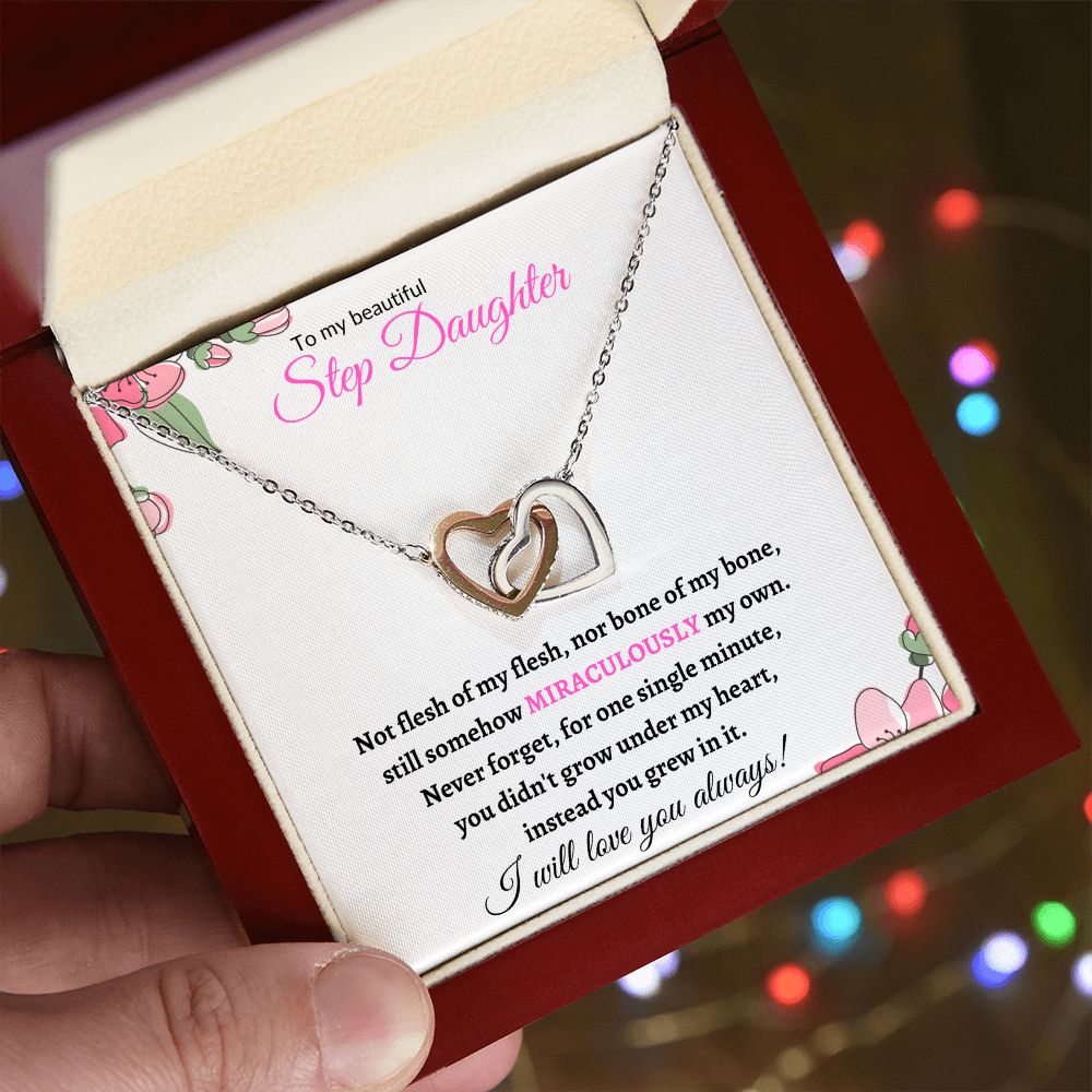 To My Beautiful Step Daughter / nonbiological (Pink Card) - Interlocking Hearts Necklace