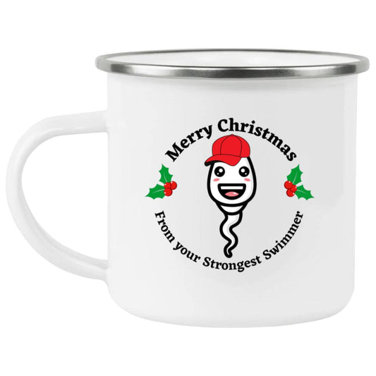 Merry Christmas From Your Strongest Swimmer (Red Hat Sperm) Enamel Camping Mug