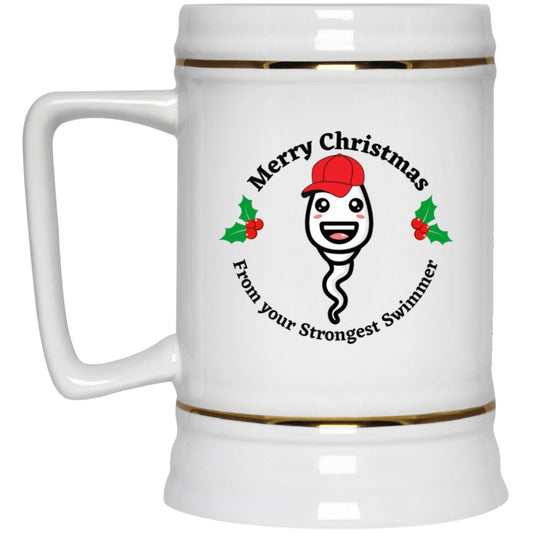 Merry Christmas From Your Strongest Swimmer (Red Hat Sperm) Beer Stein 22oz.
