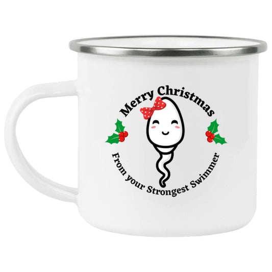 Merry Christmas From Your Strongest Swimmer (Red Bow Sperm)Enamel Camping Mug