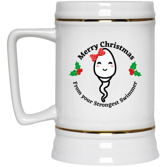 Merry Christmas From Your Strongest Swimmer (Red Bow Sperm) Beer Stein 22oz.
