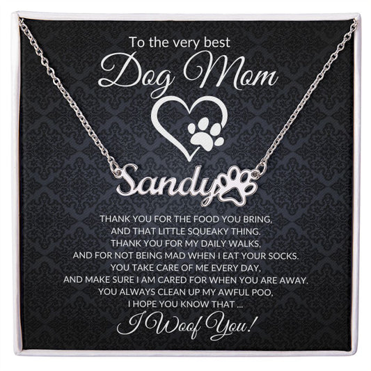 To the Very Best Dog Mom (Black Card) - Paw Print Name Necklace