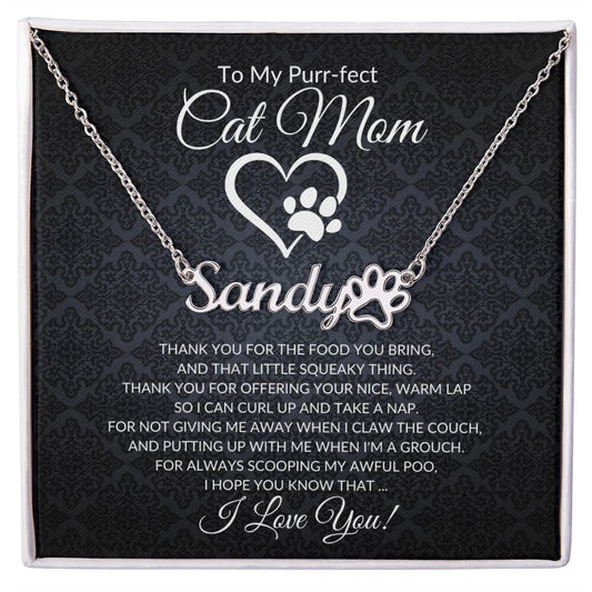 To My Purr-fect Cat Mom (Black Card) - Paw Print Name Necklace