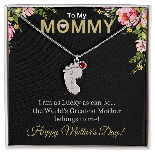 To My Mommy (Lucky Black Card) - Customized Baby Feet Necklace