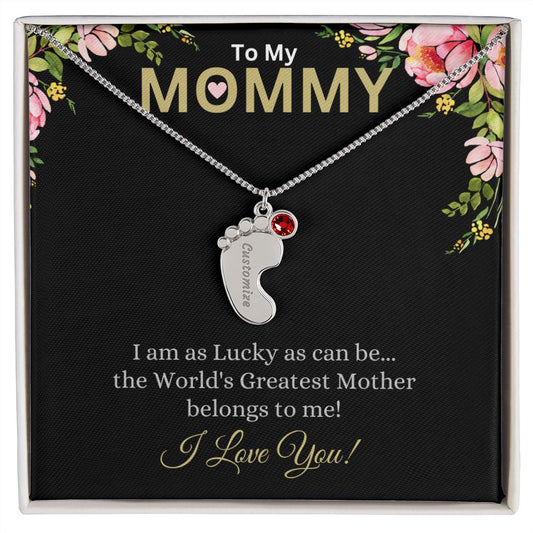 To My Mommy - I love you (Black Card) - Baby Feet Necklace