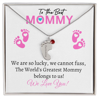 To Our Mommy - We love you (New Mommy / Girl Twins / Triplets/ Quads Card) - Baby Feet Necklace