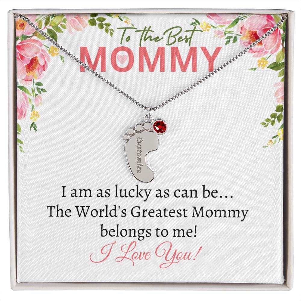 To My Mommy - I love you (White Card Card) - Baby Feet Necklace