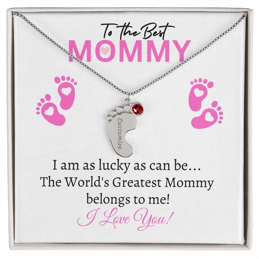 To My Mommy - I love you (Girl  Card) - Baby Feet Necklace