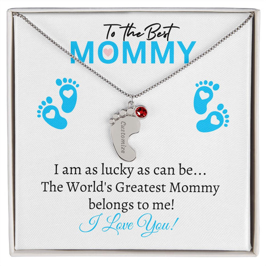 To My Mommy - I love you (Blue Feet) - Baby Feet Necklace