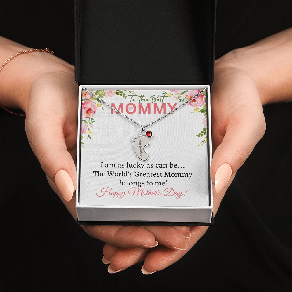 To My Mommy (Lucky White Card) - Customized Baby Feet Necklace