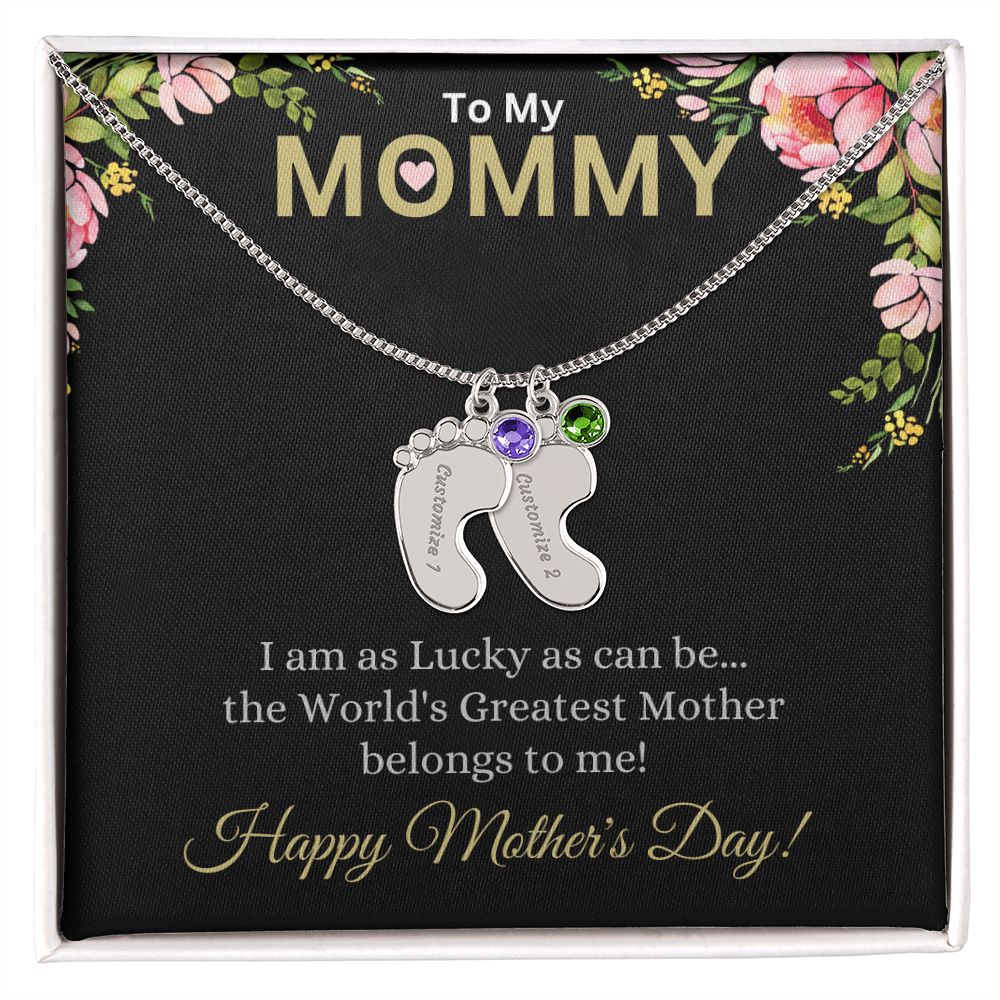 To My Mommy (Lucky Black Card) - Customized Baby Feet Necklace