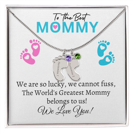 To Our Mommy - We love you ( New Mommy/ Boy / Girl Twins / Triplets/ Quads Card) - Baby Feet Necklace