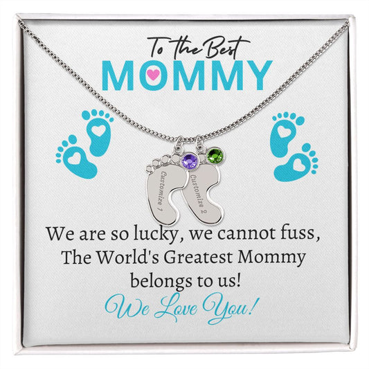 To Our Mommy - We love you (New Mommy / Boy Twins / Triplets/ Quads Card) - Baby Feet Necklace