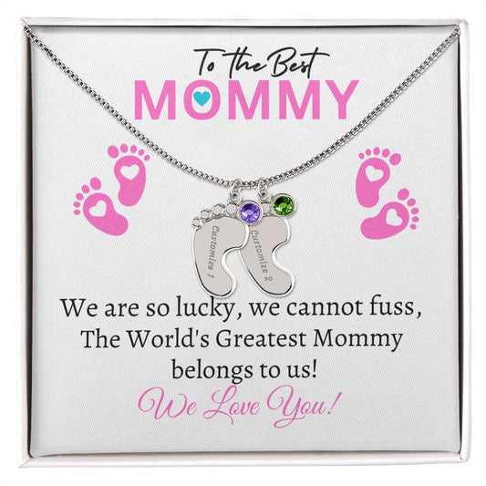 To Our Mommy - We love you (New Mommy / Girl Twins / Triplets/ Quads Card) - Baby Feet Necklace