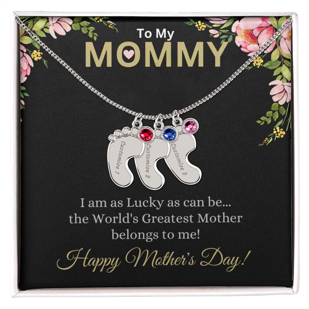 To My Mommy (Lucky Black Card) - Customized Baby Feet Necklace