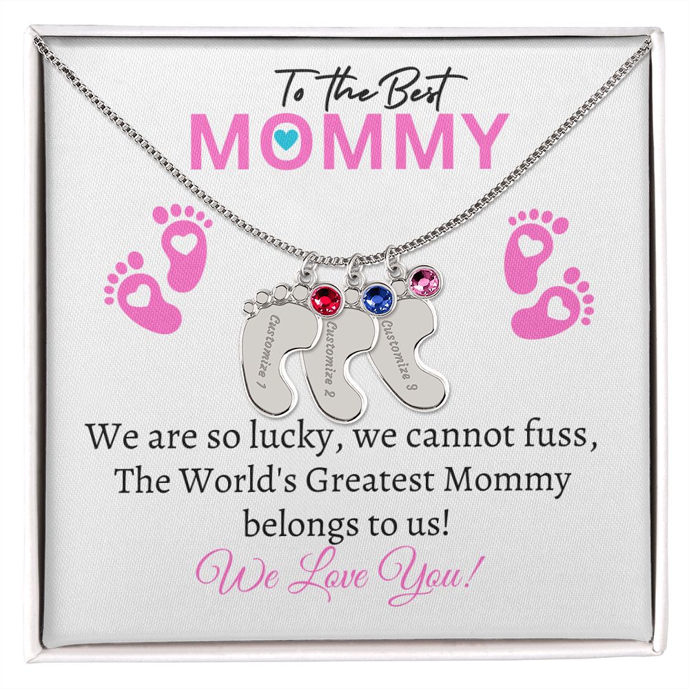 To Our Mommy - We love you (New Mommy / Girl Twins / Triplets/ Quads Card) - Baby Feet Necklace