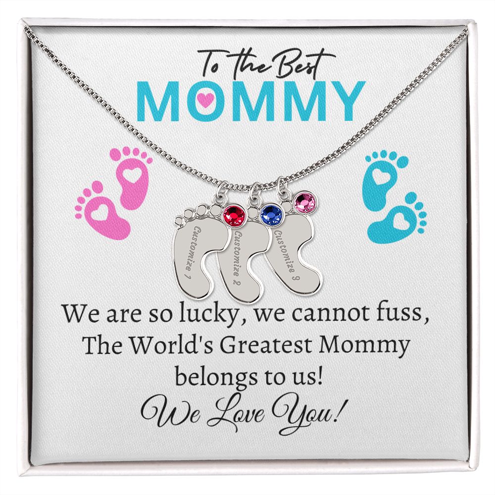 To Our Mommy - We love you ( New Mommy/ Boy / Girl Twins / Triplets/ Quads Card) - Baby Feet Necklace