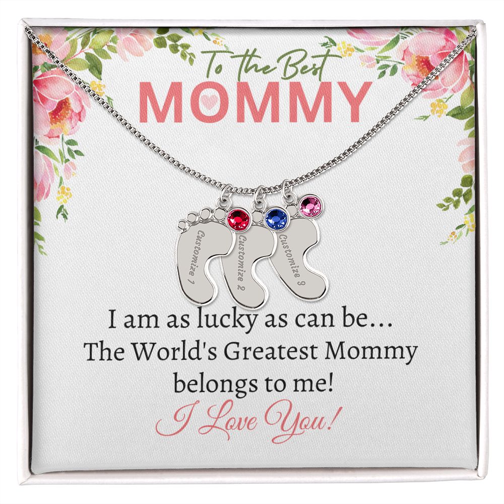 To My Mommy - I love you (White Card Card) - Baby Feet Necklace