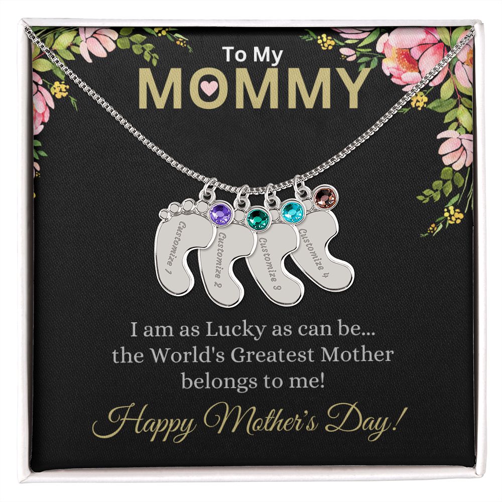 To My Mommy (Lucky Black Card) - Customized Baby Feet Necklace